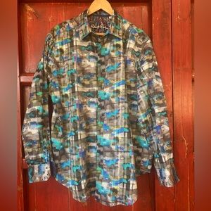 Robert Graham 1XL long sleeve shirt camouflage grey/turquoise